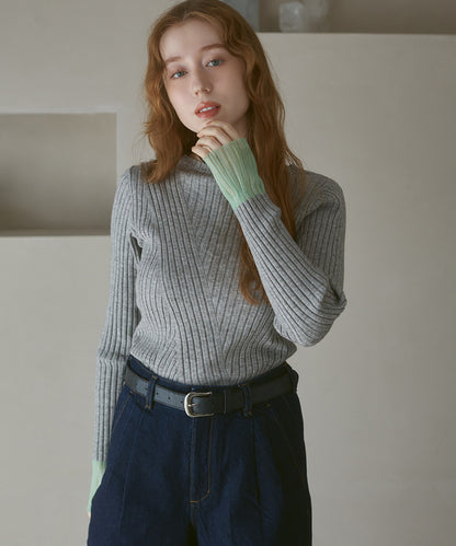 【選べるネック】シアー使いリブニットトップス