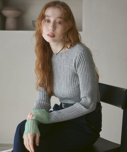 【選べるネック】シアー使いリブニットトップス