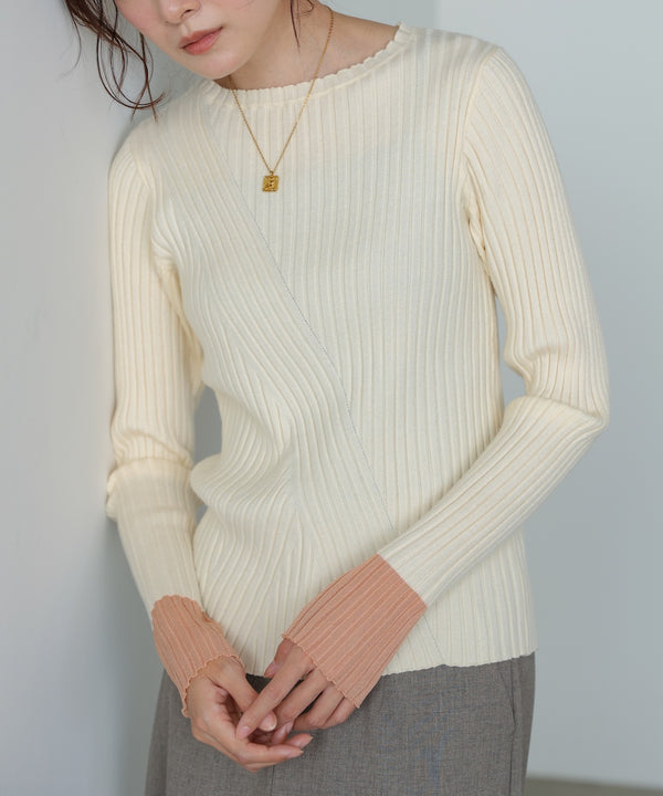 【選べるネック】シアー使いリブニットトップス