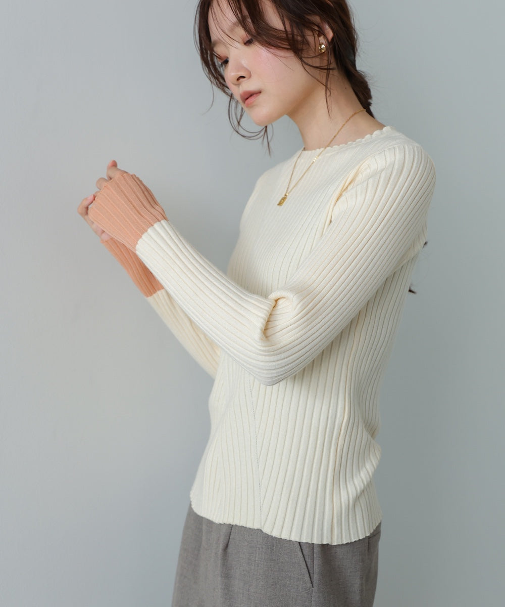 【選べるネック】シアー使いリブニットトップス