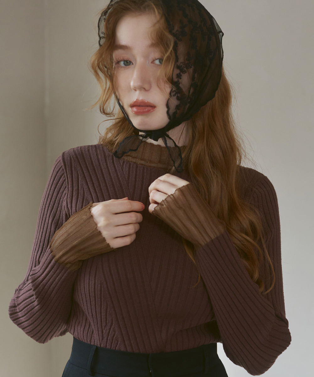 【選べるネック】シアー使いリブニットトップス