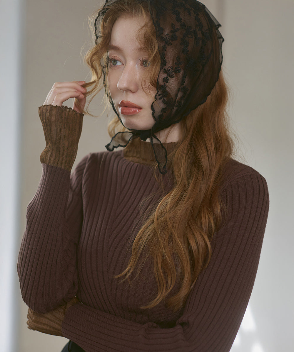 【選べるネック】シアー使いリブニットトップス