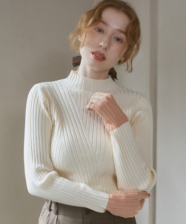 【選べるネック】シアー使いリブニットトップス
