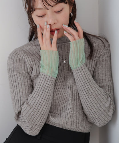 【選べるネック】シアー使いリブニットトップス