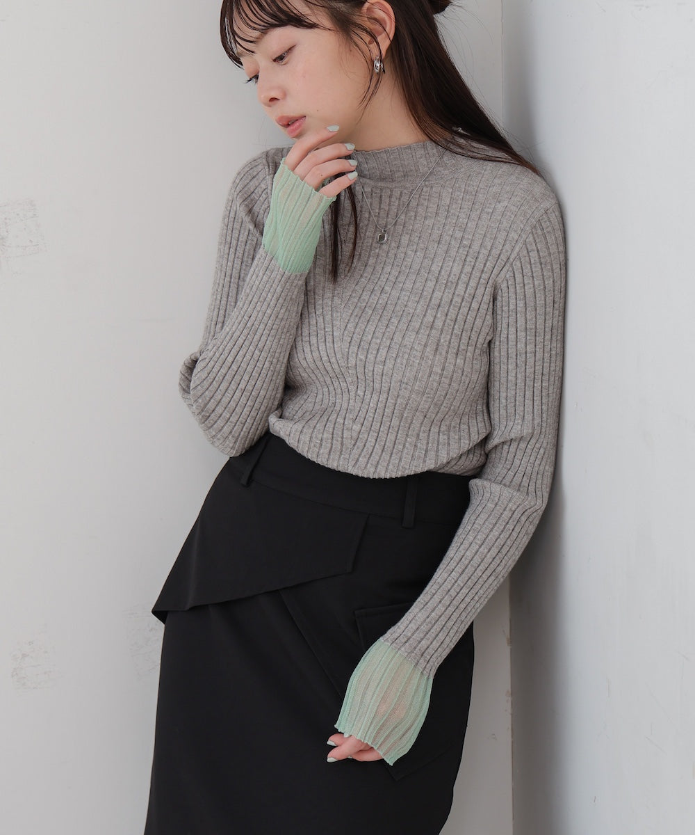 【選べるネック】シアー使いリブニットトップス