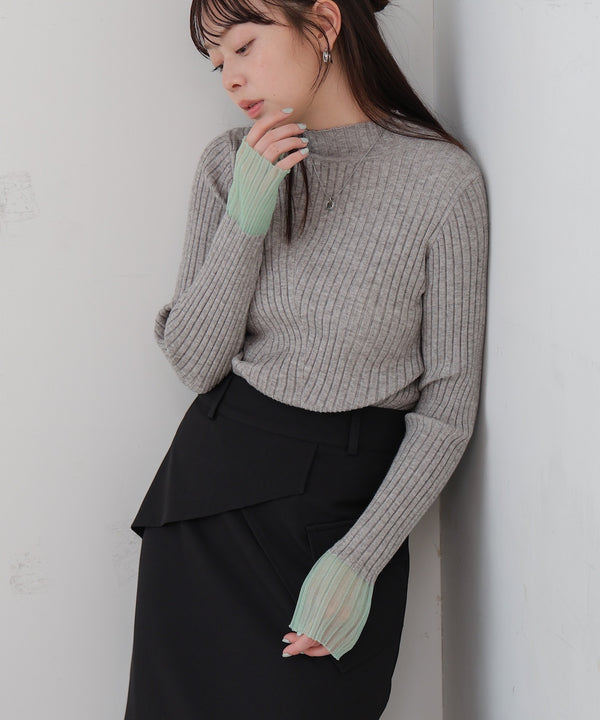 【選べるネック】シアー使いリブニットトップス