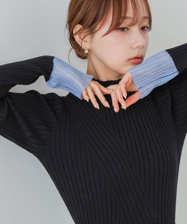 【選べるネック】シアー使いリブニットトップス