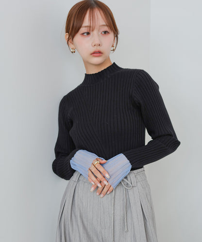 【選べるネック】シアー使いリブニットトップス