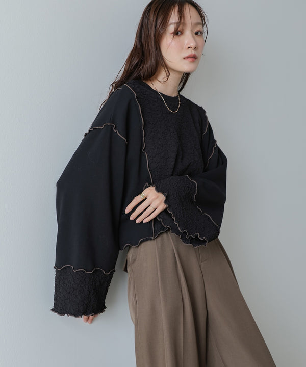 異素材切り替え配色メロートップス