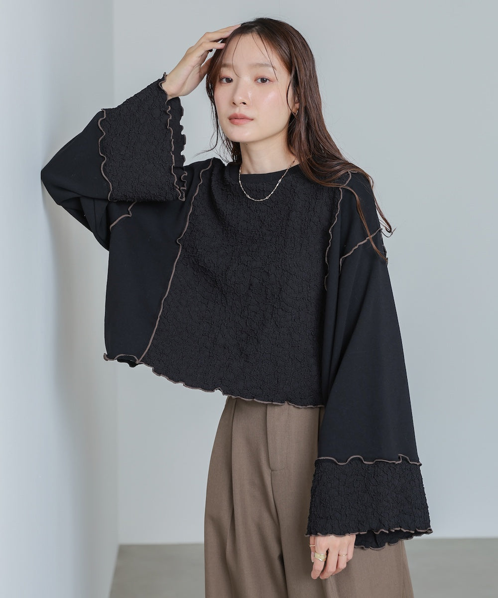 異素材切り替え配色メロートップス