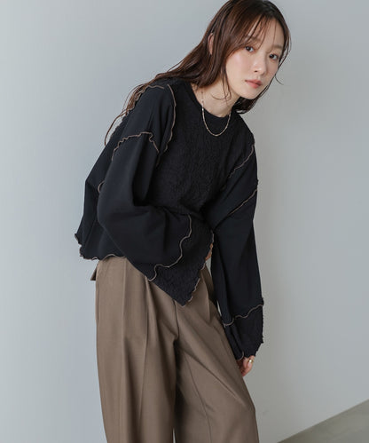 異素材切り替え配色メロートップス