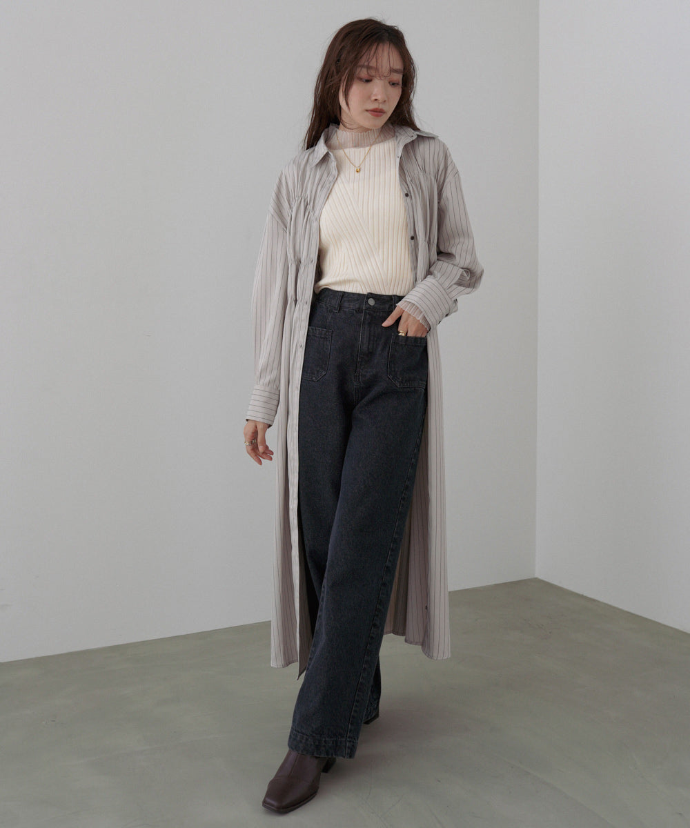 ストライプビスチェ風シャツワンピース