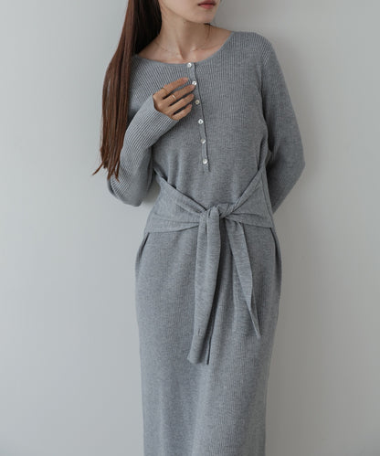 レイヤード風ウエスト結びリブニットワンピース