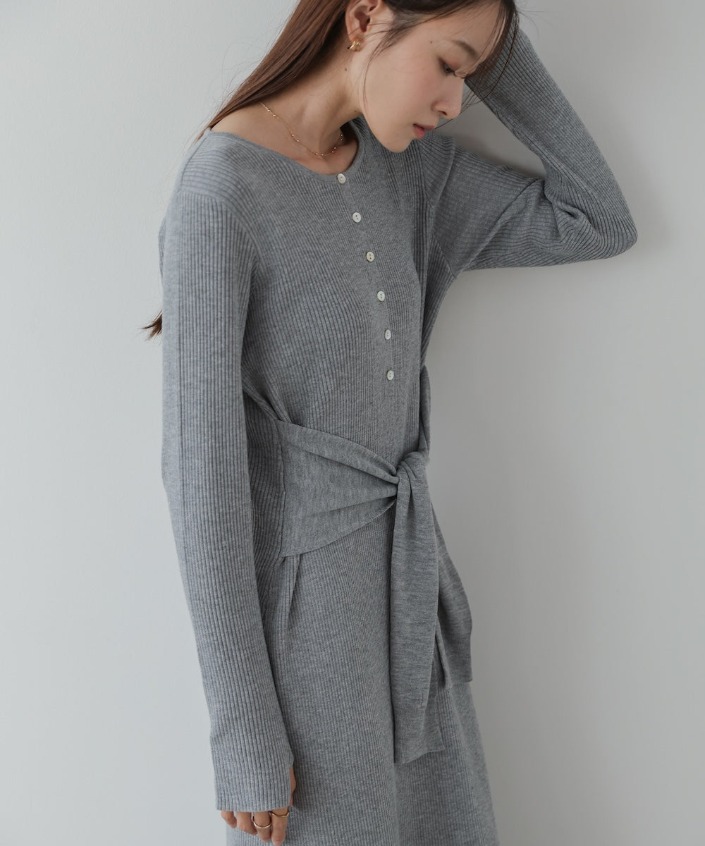 レイヤード風ウエスト結びリブニットワンピース