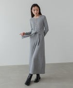 レイヤード風ウエスト結びリブニットワンピース