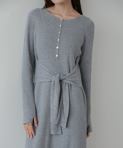レイヤード風ウエスト結びリブニットワンピース