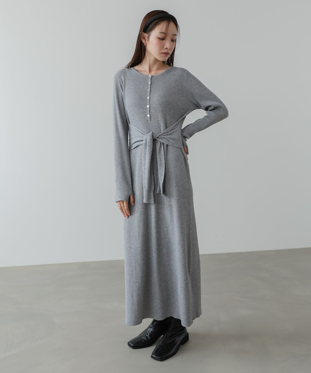 レイヤード風ウエスト結びリブニットワンピース