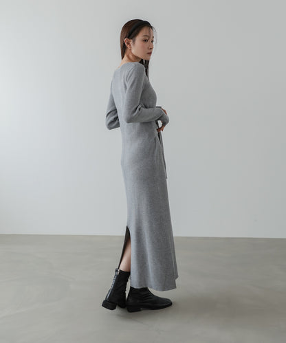 レイヤード風ウエスト結びリブニットワンピース