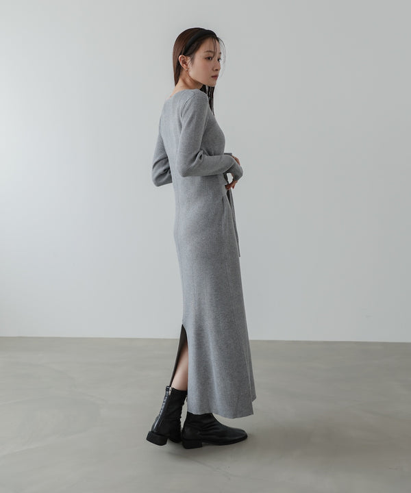 レイヤード風ウエスト結びリブニットワンピース