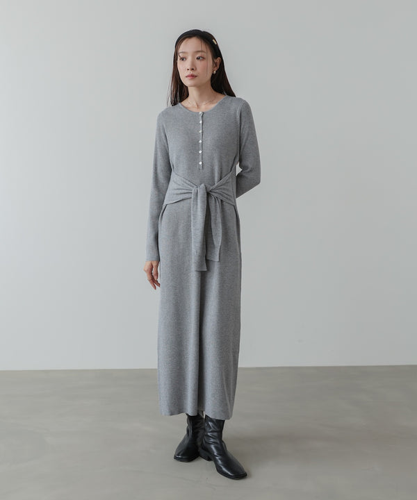 レイヤード風ウエスト結びリブニットワンピース