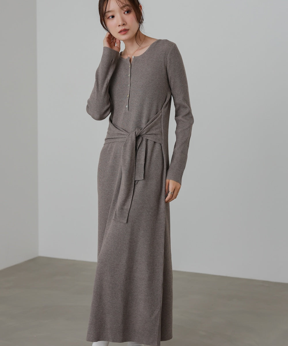 レイヤード風ウエスト結びリブニットワンピース