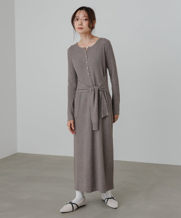 レイヤード風ウエスト結びリブニットワンピース