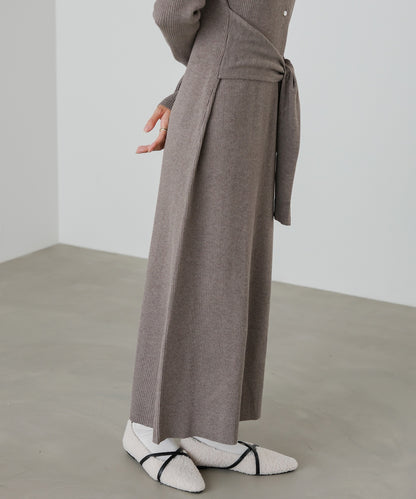 レイヤード風ウエスト結びリブニットワンピース