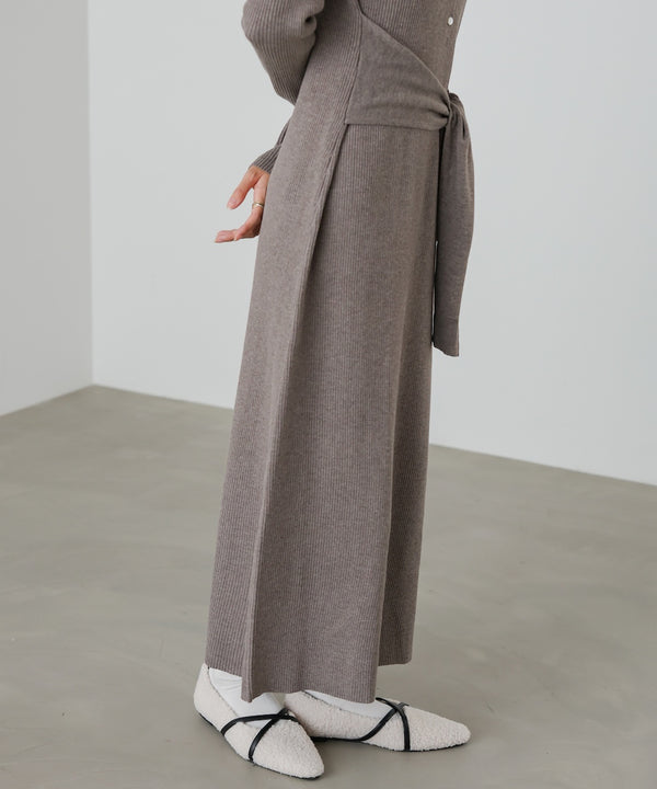 レイヤード風ウエスト結びリブニットワンピース