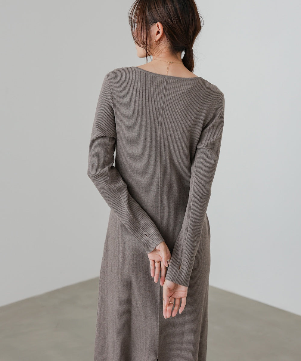 レイヤード風ウエスト結びリブニットワンピース