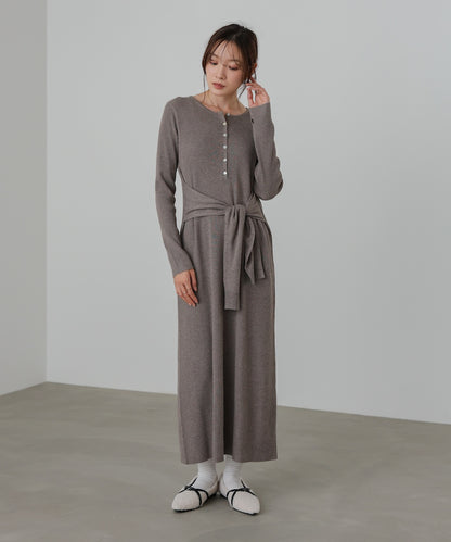 レイヤード風ウエスト結びリブニットワンピース