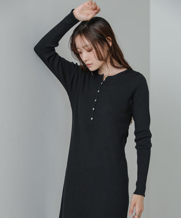 レイヤード風ウエスト結びリブニットワンピース