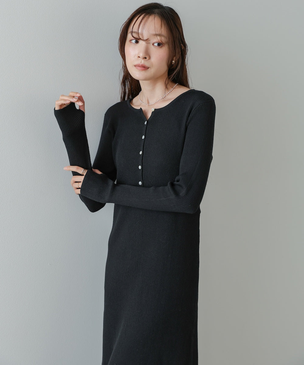 レイヤード風ウエスト結びリブニットワンピース