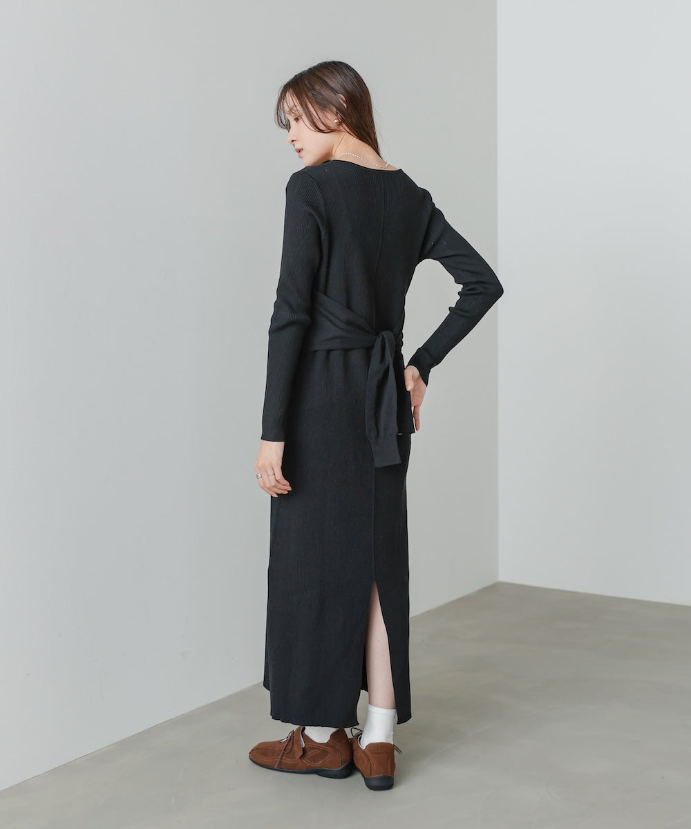 レイヤード風ウエスト結びリブニットワンピース