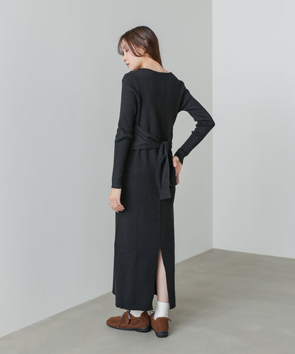 レイヤード風ウエスト結びリブニットワンピース