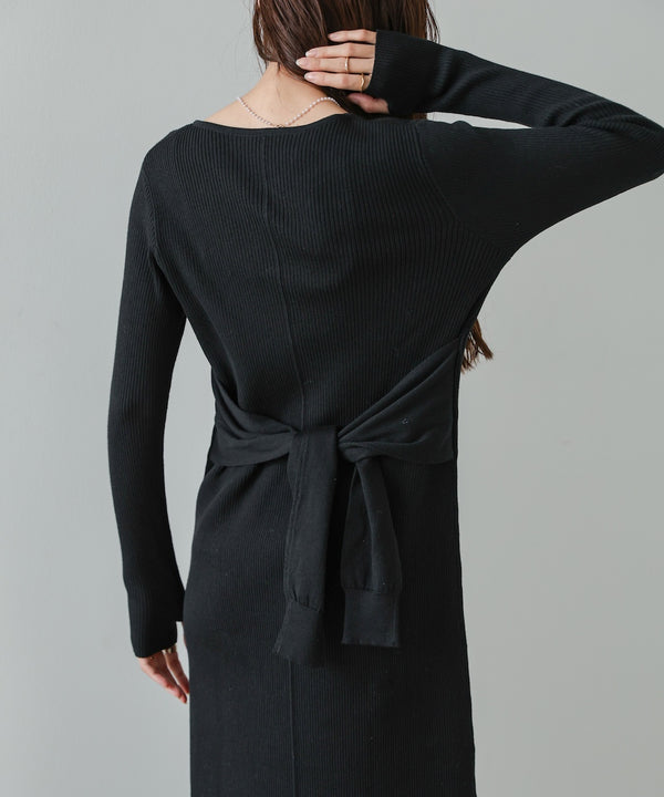 レイヤード風ウエスト結びリブニットワンピース