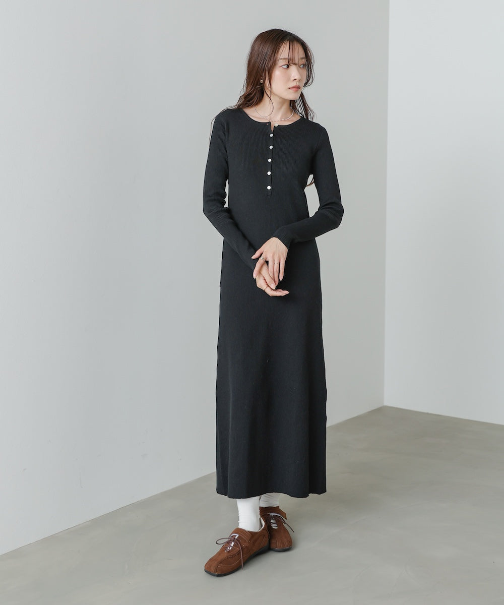 レイヤード風ウエスト結びリブニットワンピース