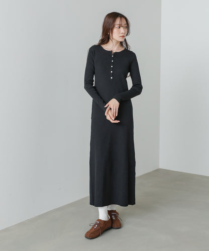 レイヤード風ウエスト結びリブニットワンピース