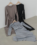 レイヤード風ウエスト結びリブニットワンピース