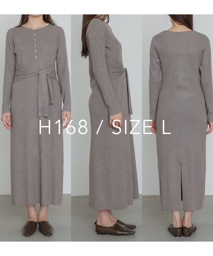 レイヤード風ウエスト結びリブニットワンピース