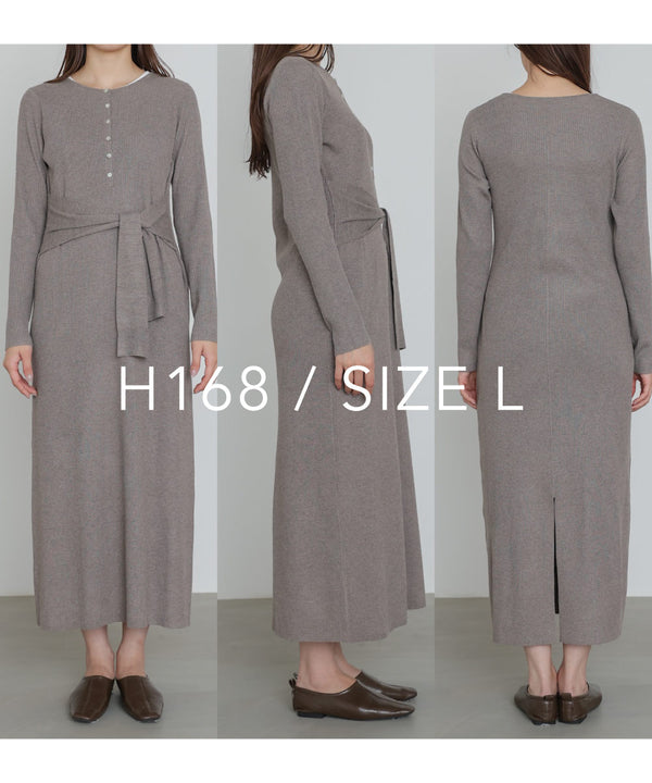 レイヤード風ウエスト結びリブニットワンピース