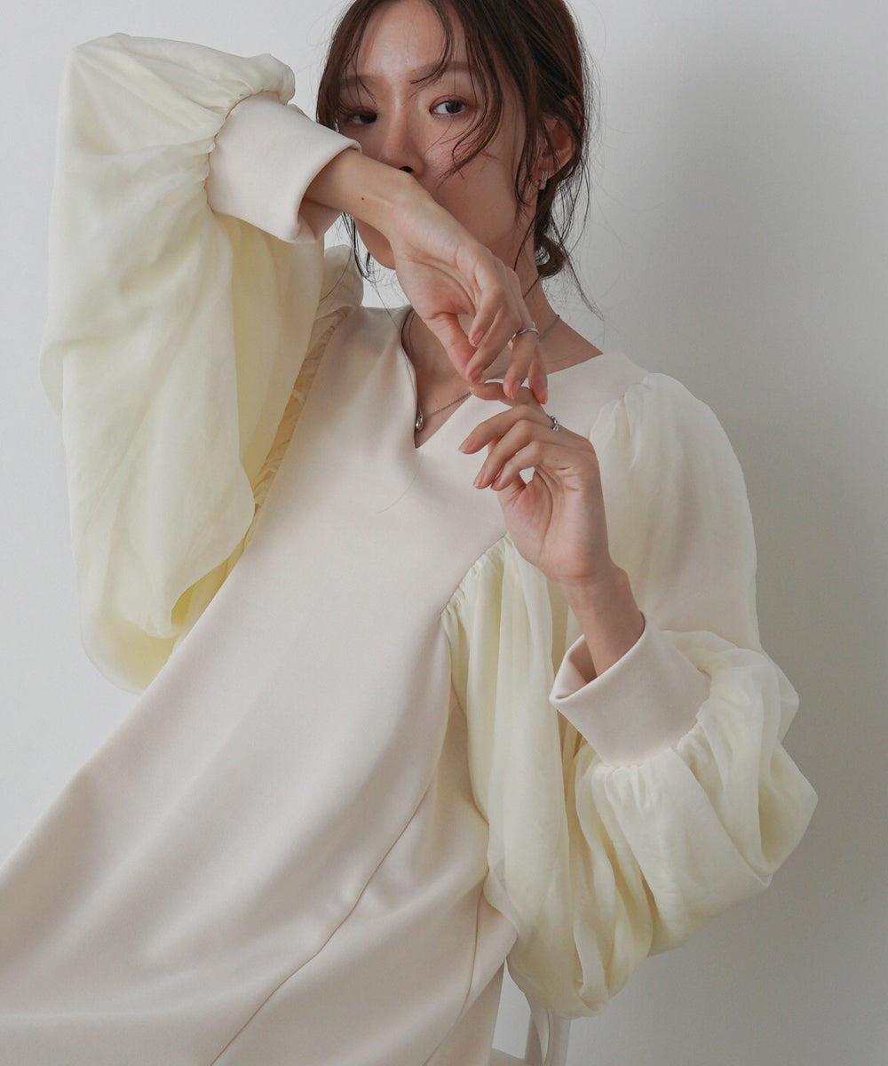 袖オーガンジーポンチワンピース