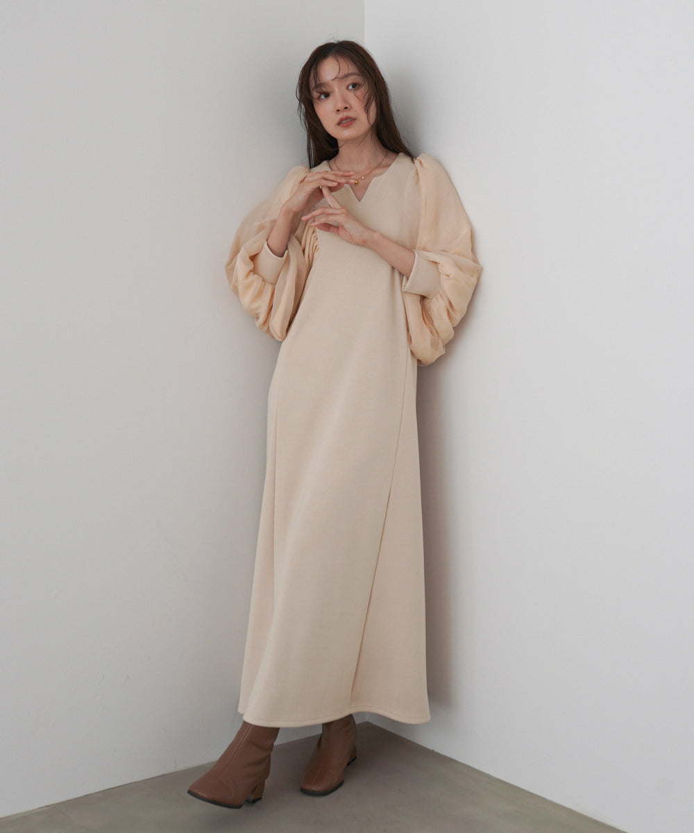 袖オーガンジーポンチワンピース