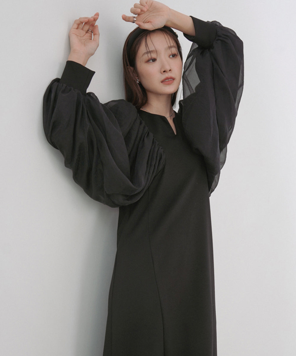 袖オーガンジーポンチワンピース