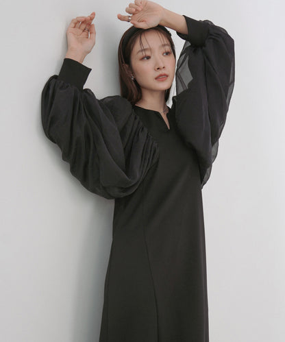 袖オーガンジーポンチワンピース