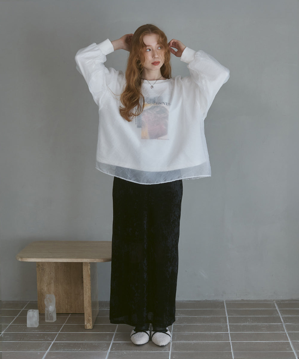 シアーレイヤードプリントスウェットトップス