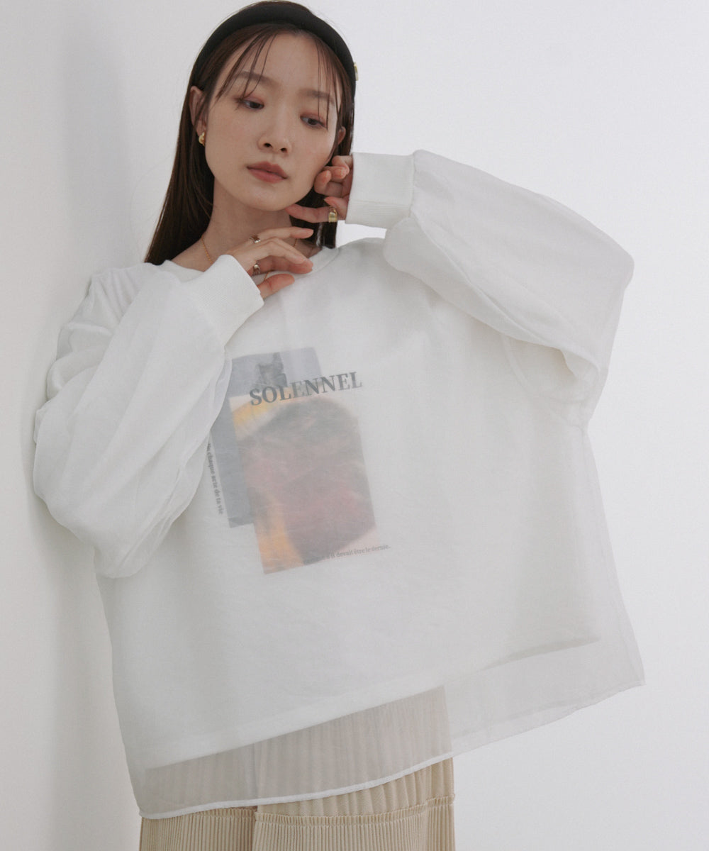 シアーレイヤードプリントスウェットトップス