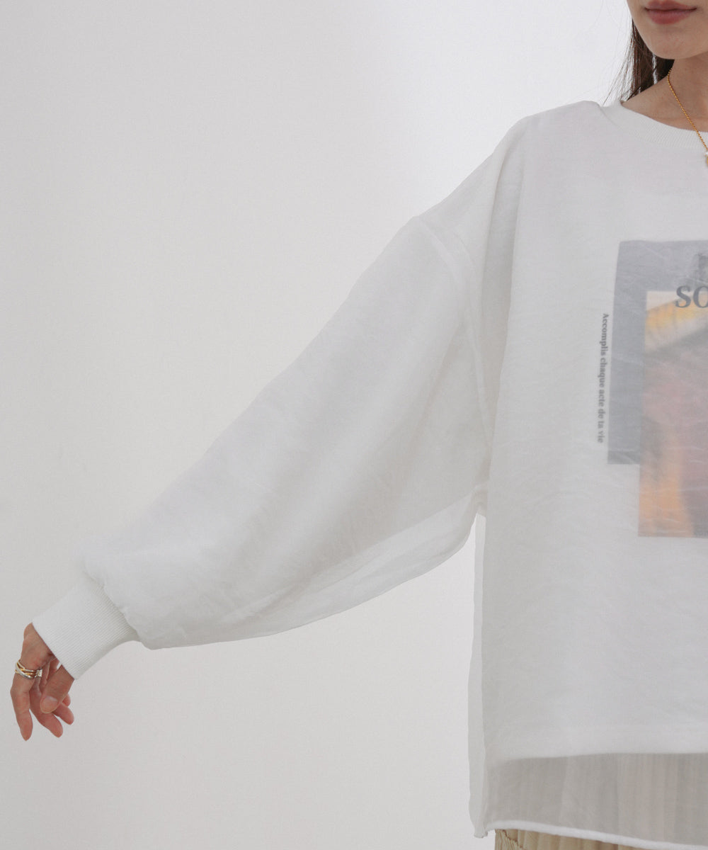 シアーレイヤードプリントスウェットトップス