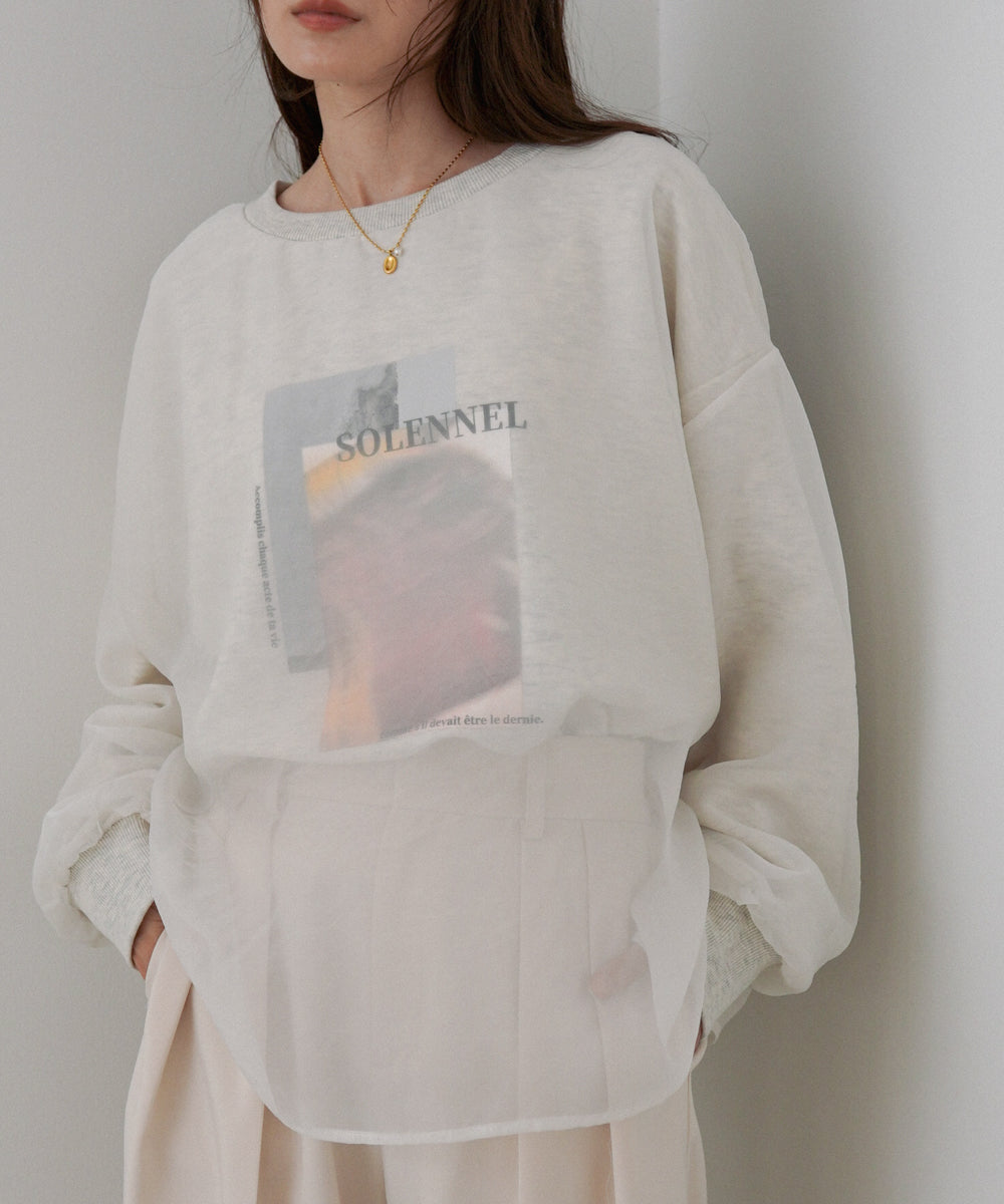 シアーレイヤードプリントスウェットトップス