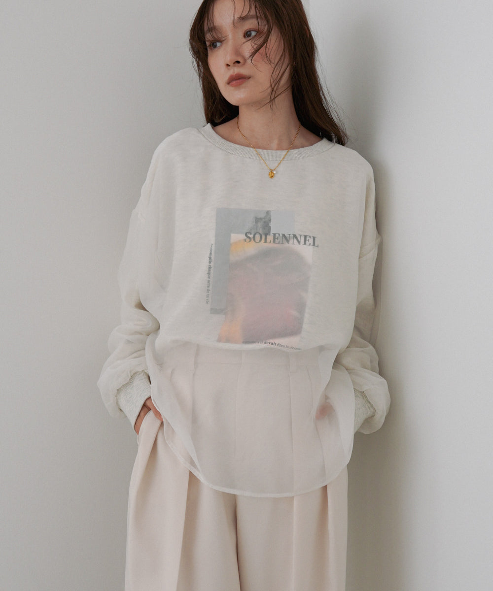 シアーレイヤードプリントスウェットトップス