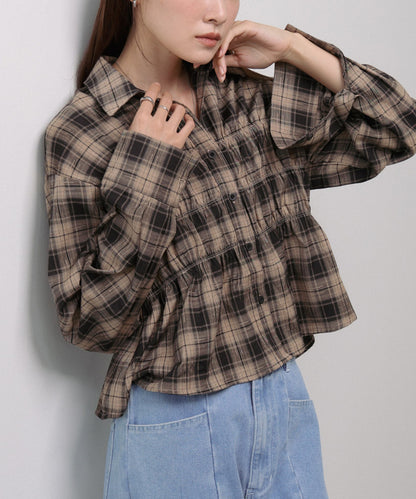 シャーリングビスチェ風デザインチェックシャツ